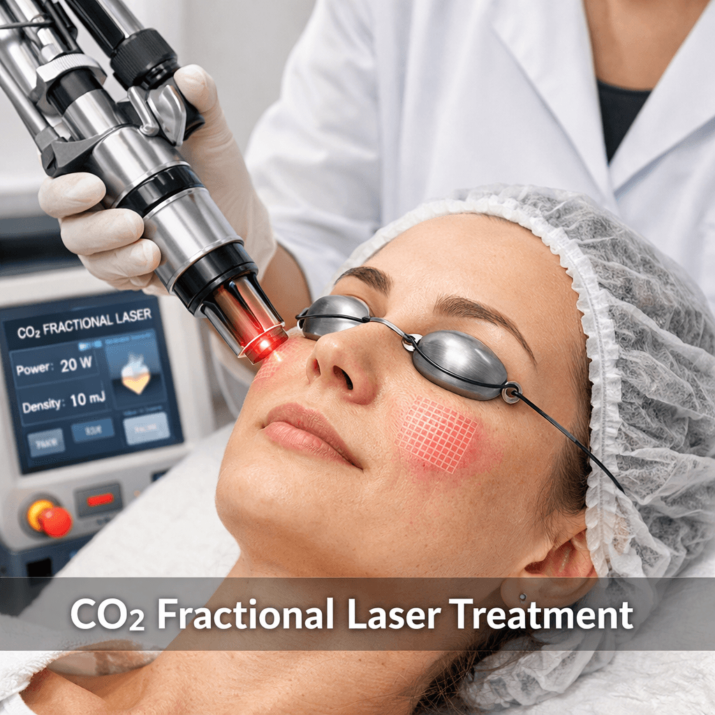 Tratamiento con láser fraccionado de CO₂ que se está realizando en el rostro de una mujer en una clínica de medicina estética, con protectores oculares y un dispositivo láser destinado al rejuvenecimiento cutáneo.