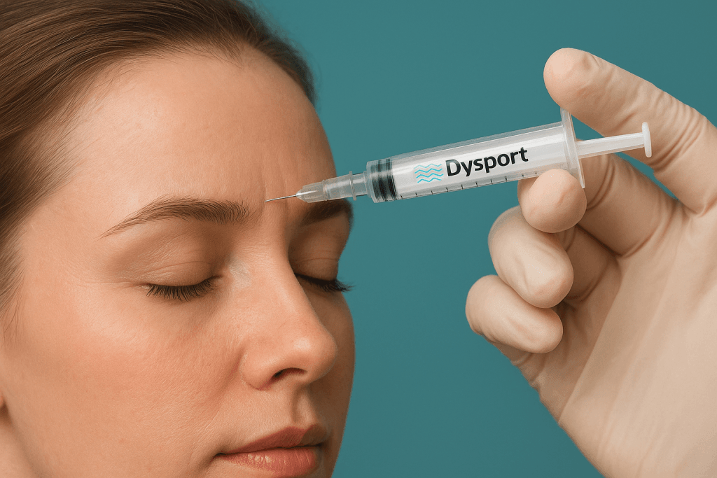 Profesional médico inyectando Dysport en el área de la frente para el tratamiento de arrugas.