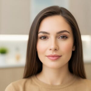 Close-up portrait of a young brunette woman with smooth skin facing forward with a gentle smile.