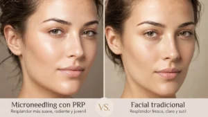 Comparación de resultados entre microagujación con PRP y facial tradicional para el rejuvenecimiento de la piel en Enfield Royal Medspa, Viera, FL, destacando un mayor brillo, textura más suave y una mejora de la piel más juvenil frente a un refresco sutil.