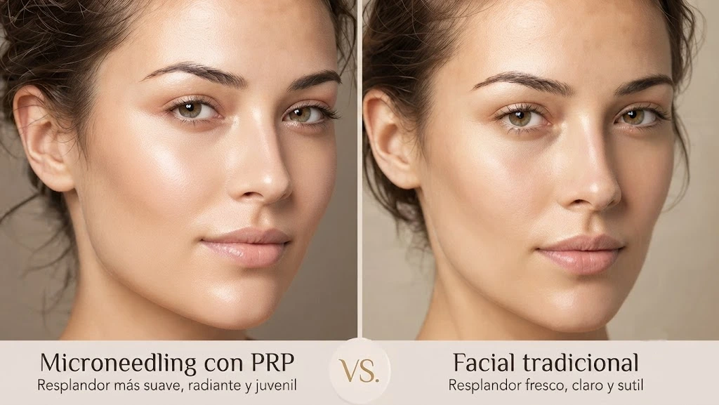 Comparación de resultados entre microagujación con PRP y facial tradicional para el rejuvenecimiento de la piel en Enfield Royal Medspa, Viera, FL, destacando un mayor brillo, textura más suave y una mejora de la piel más juvenil frente a un refresco sutil.