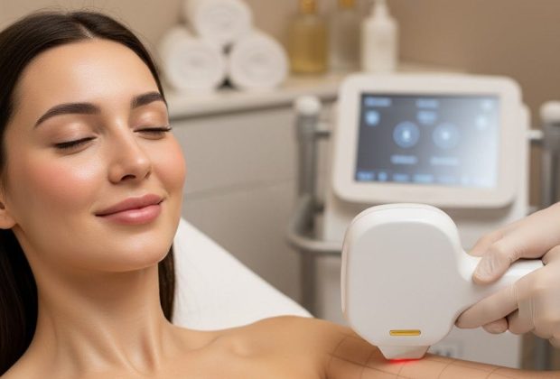 Una mujer recibe un tratamiento profesional de depilación láser en las axilas mientras se relaja en un entorno de spa médico.