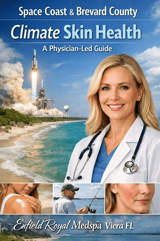 A physician on Florida’s Space Coast with a rocket launch, ocean shoreline, and skin health visuals for “Space Coast & Brevard County Climate Skin Health: A Physician-Led Guide” by Enfield Royal Medspa Viera FL.