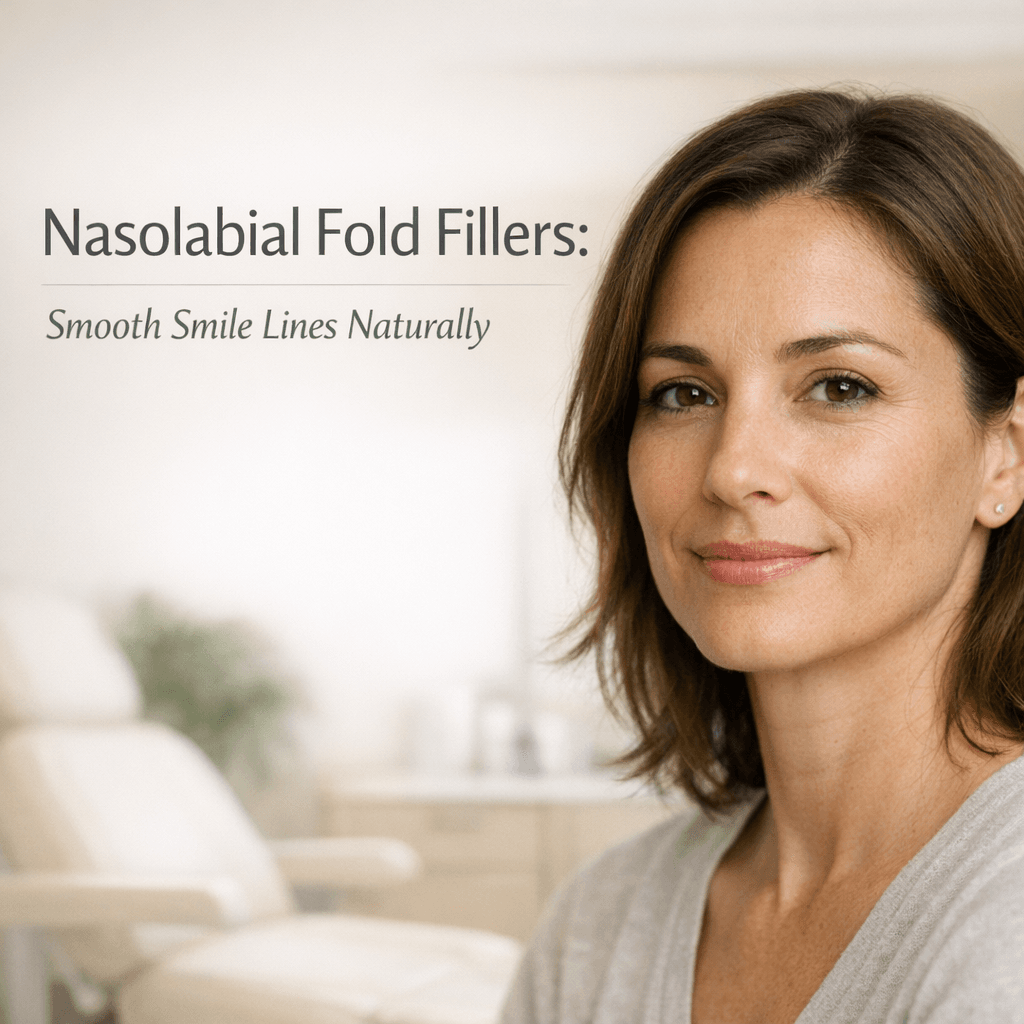 A close-up of a brunette woman smiling gently in a clinic setting with a blurred medical chair in the background. Text overlay on the left reads "Nasolabial Fold Fillers: Smooth Smile Lines Naturally.