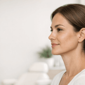 Side profile of a brunette woman smiling gently with clear skin in a medical spa background.