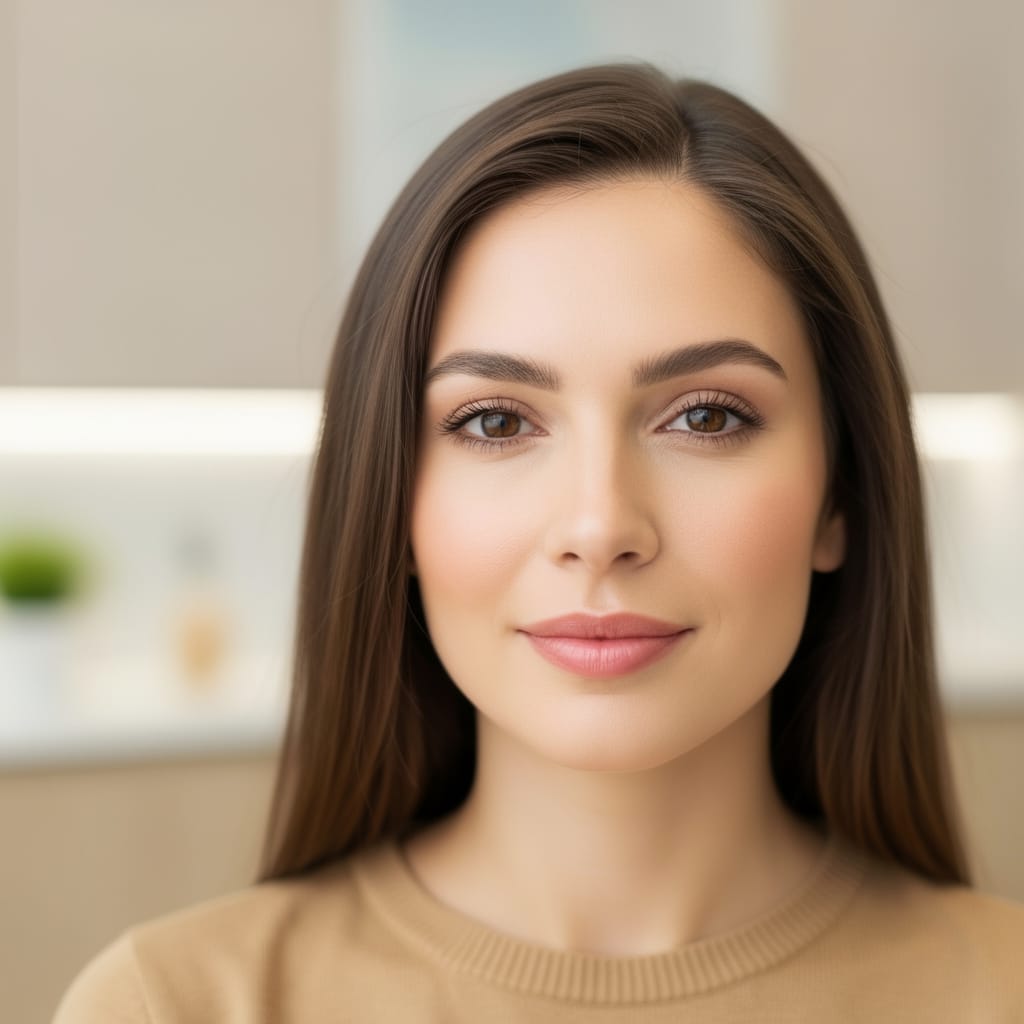 Close-up portrait of a young brunette woman with smooth skin facing forward with a gentle smile.