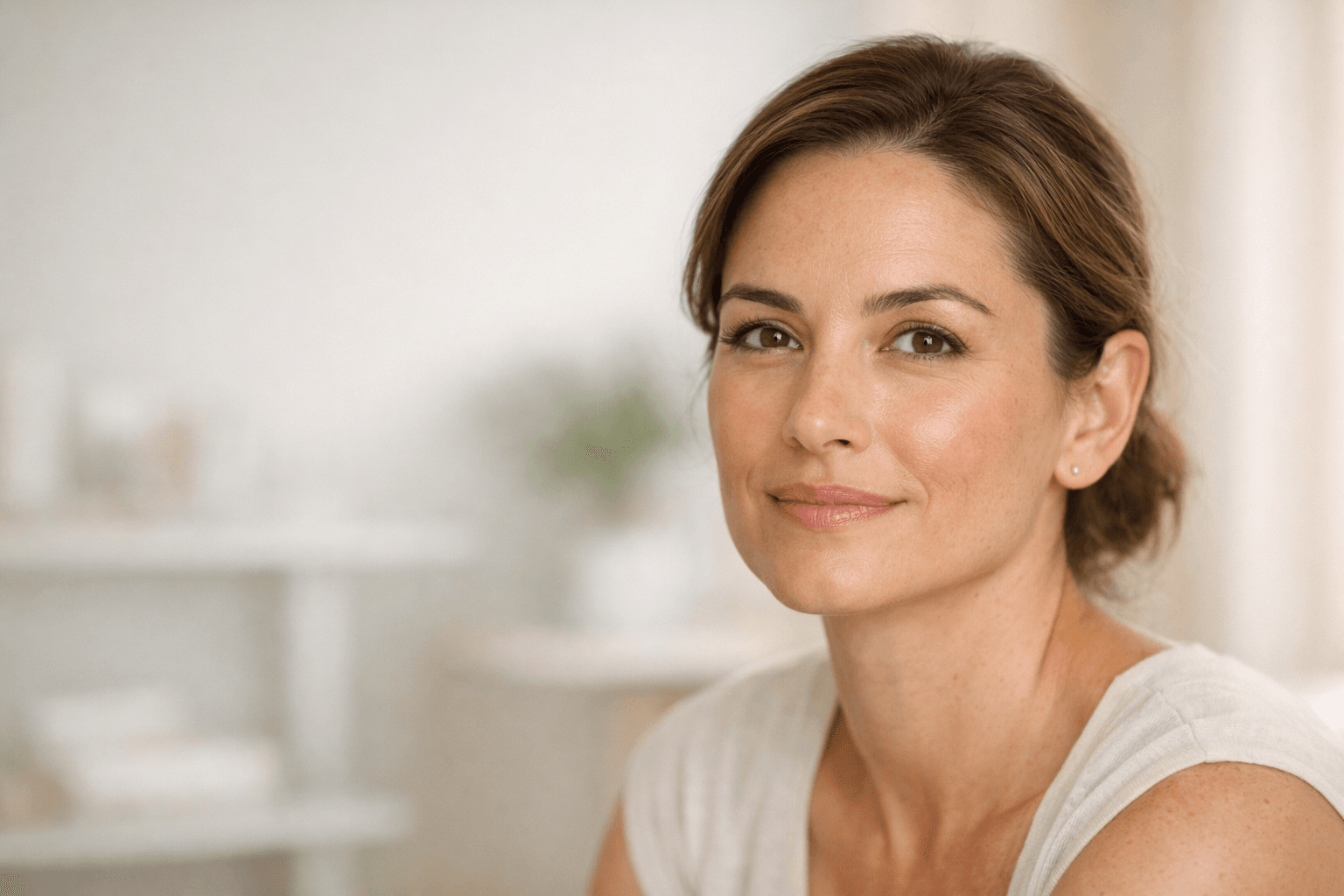Confident woman with natural skin and minimal makeup in a bright, modern medical spa setting, illustrating educational Botox skincare content without visible procedures.
