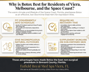 Enfield Royal Med Spa Viera infographic outlining benefits of Botox for Space Coast residents such as quick appointments, no downtime, subtle natural outcomes, and support for sun-damaged skin.