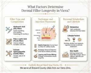 Infographic showing factors that affect dermal filler longevity, including filler type, injection technique, metabolism, lifestyle, and skin health in Viera, Florida.