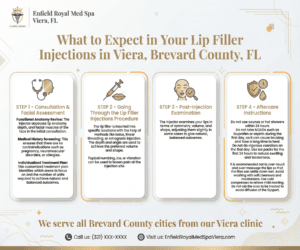 Infographic titled "What to Expect in Your Lip Filler Injections," illustrating four steps: consultation, injection procedure, examination, and aftercare instructions, with clinic contact details.