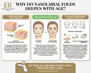 Infographic titled "Why Do Nasolabial Folds Deepen With Age?" illustrating causes like collagen loss, facial volume reduction, and environmental stressors, featuring a map of Brevard County, FL. 