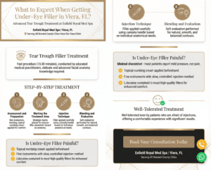 "What to Expect When Getting Under-Eye Filler in Viera, FL," showing the step-by-step injection process, pain relief methods, and booking details for Enfield Royal Med Spa.