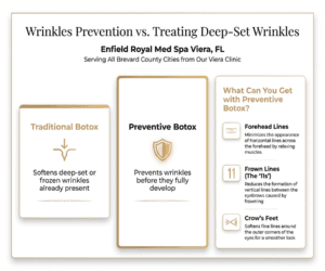 Infographic titled "Wrinkles Prevention vs. Treating Deep-Set Wrinkles" by Enfield Royal Med Spa Viera, comparing Traditional Botox for existing wrinkles against Preventive Botox for future wrinkle prevention, including benefits for forehead lines, frown lines, and crow's feet.