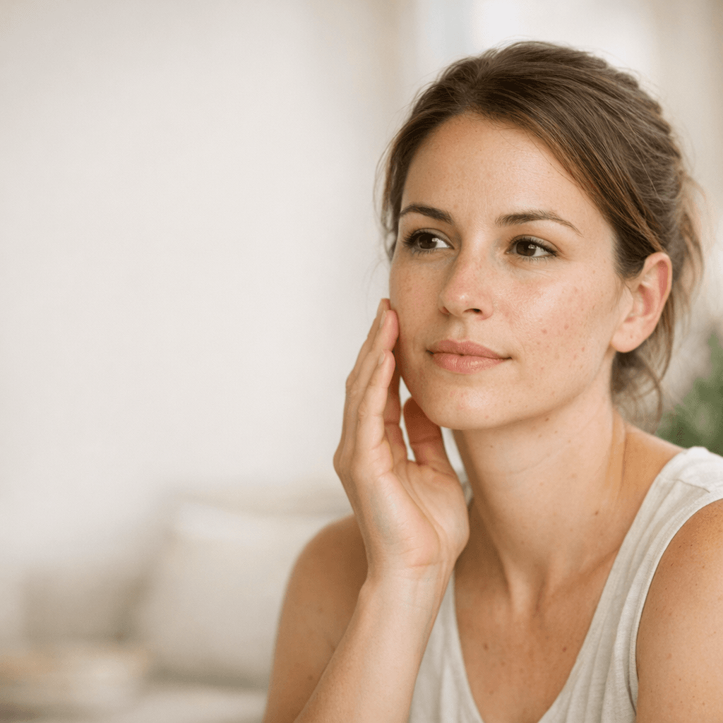 Woman with natural skin texture gently touching her cheek, representing acne awareness and skin health concerns in humid coastal climates