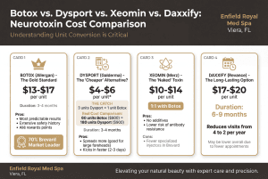 Botox vs Dysport vs Xeomin vs Daxxify neurotoxin cost comparison in brevard county cities | Enfield Royal Med Spa Viera, FL