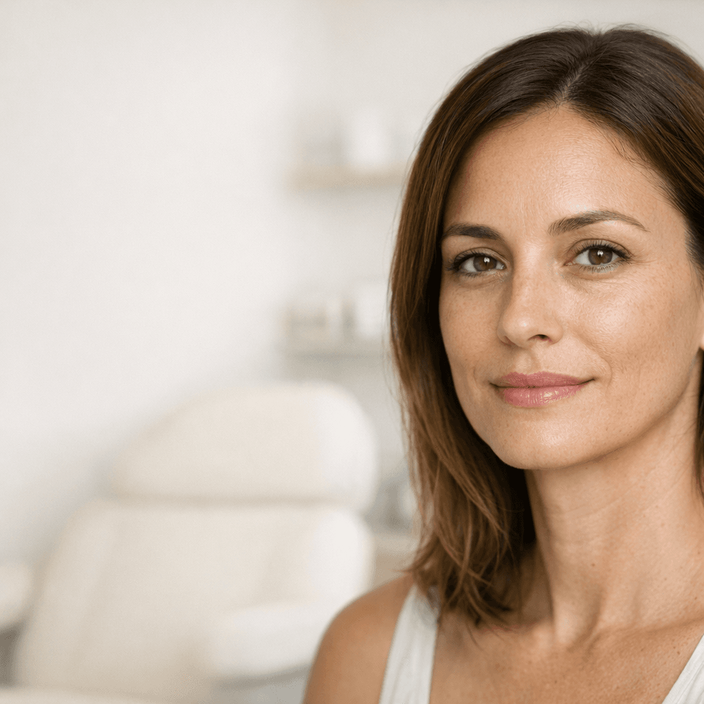 Portrait of a smiling woman with smooth skin in a cosmetic clinic background.