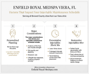 Enfield Royal Medspa Viera, FL infographic explaining how personalized planning, anatomy, skin quality, lifestyle, and age-specific strategies for Botox and fillers shape a long‑term injectable maintenance schedule