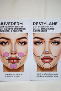 Facial areas for Juvederm vs Restylane showing best zones for lip, cheek, and nasolabial fold treatment