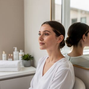 A young woman with glowing skin and pulled-back hair sitting in a bright aesthetic clinic room, illustrating preventative Botox treatments for Viera professionals in their 20s and 30s.