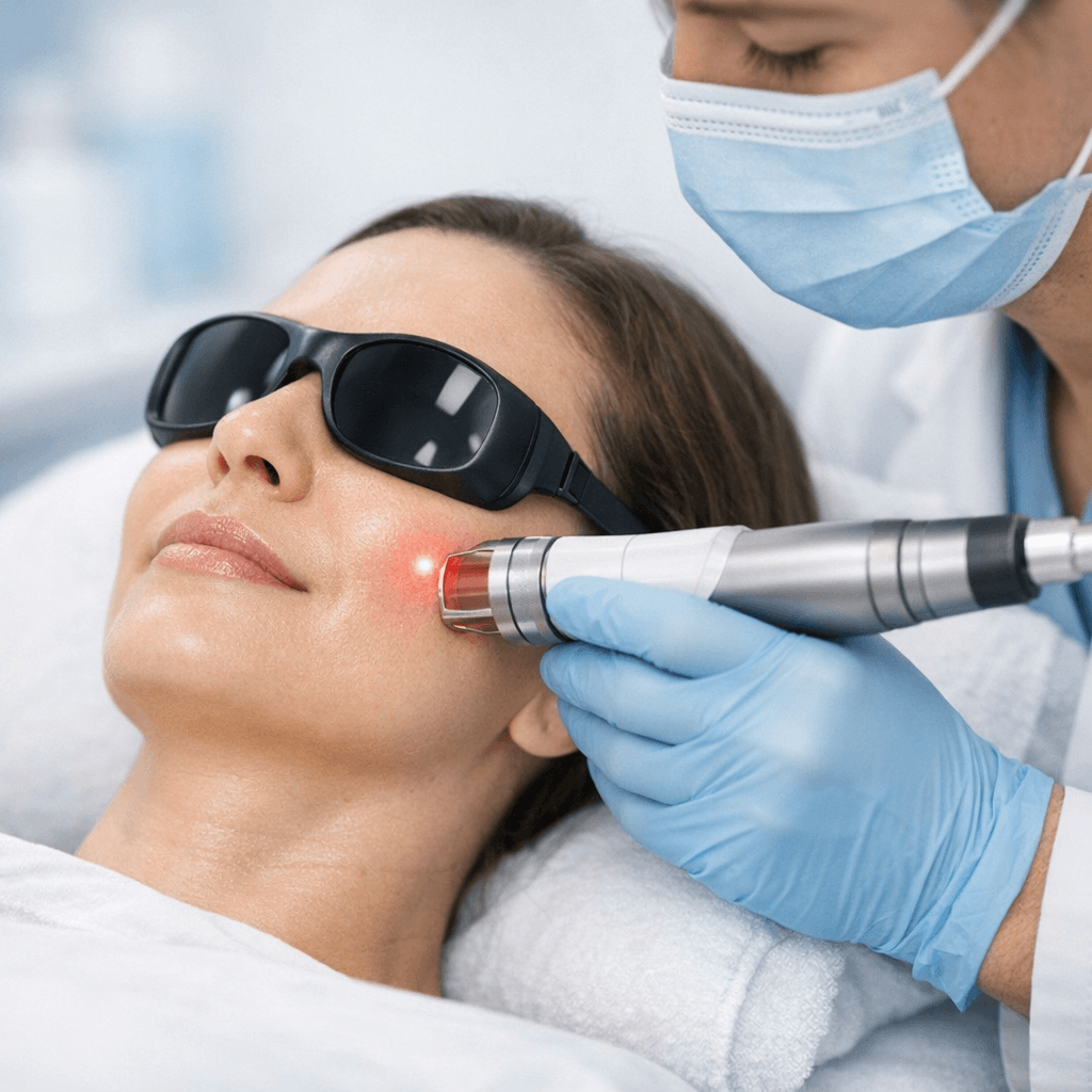 Laser skin resurfacing treatment improving skin texture, reducing wrinkles and acne scars