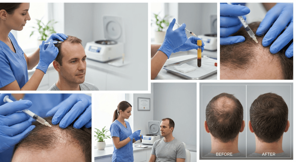 PRP hair restoration treatment showing platelet-rich plasma being injected into the scalp to promote hair growth.