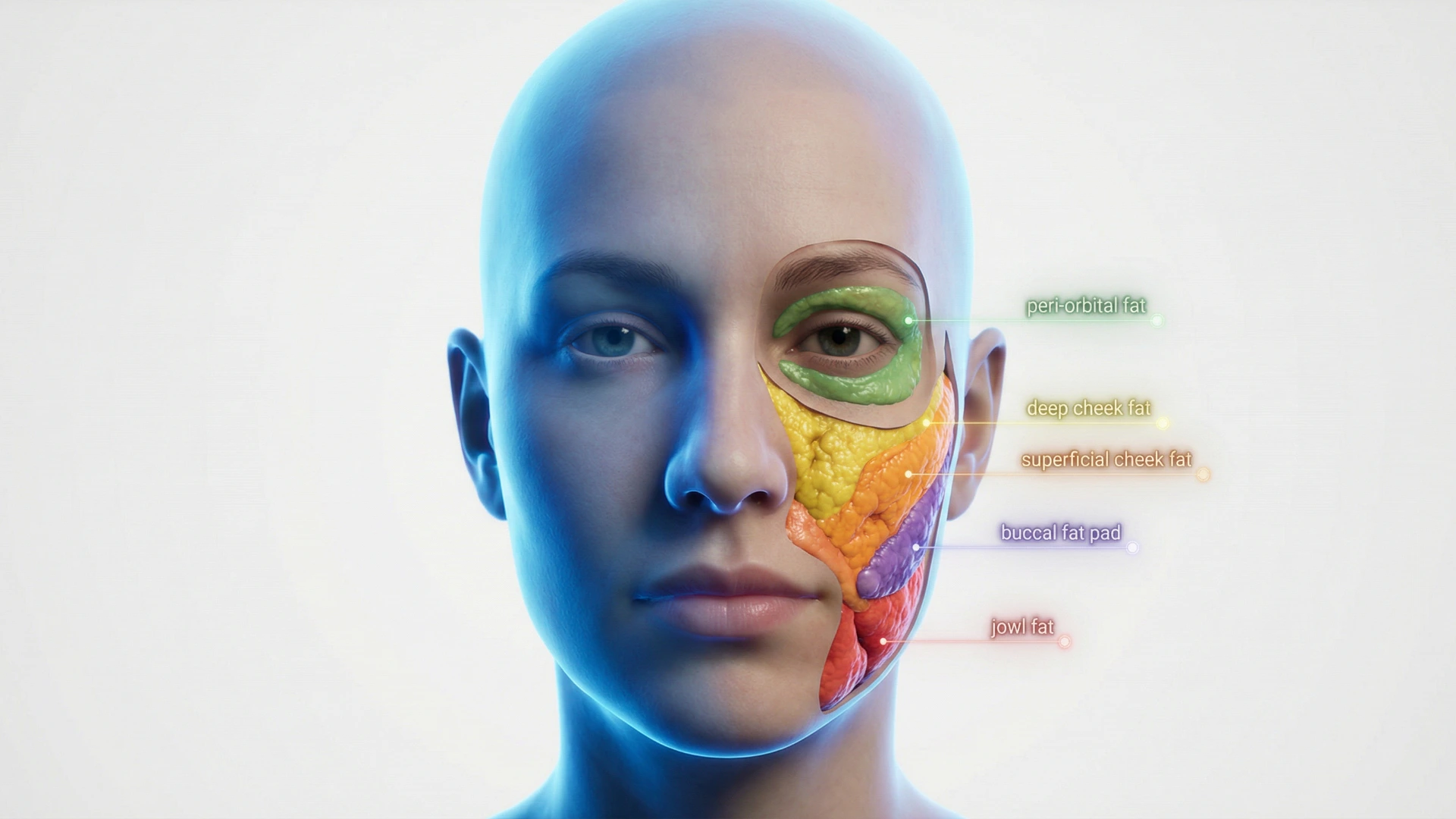 Detailed facial fat pad anatomy diagram showing superficial and deep fat compartments for aesthetic treatment planning at Enfield Royal Medspa.