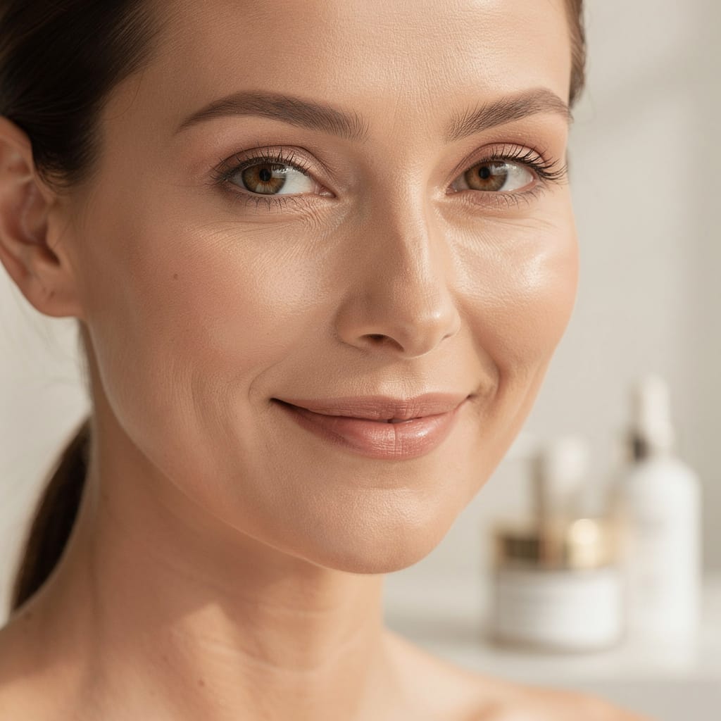Diagram showing the process of glycation damaging collagen fibers and reducing skin elasticity alongside a dermal filler injection.