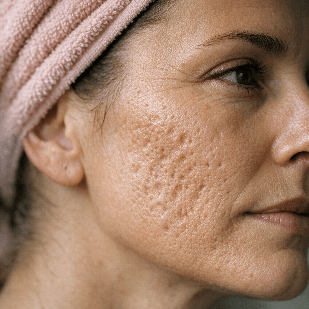 Close-up of a woman’s face before and after acne scar treatment at Enfield Royal Medspa, Viera, FL, showing smooth and clear skin.