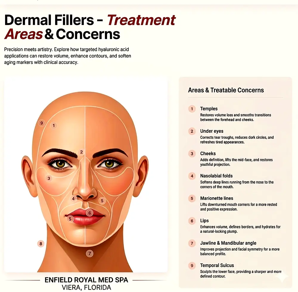 Dermal filler treatment areas diagram showing lips, cheeks, jawline, under-eyes and nasolabial folds — Enfield Royal Medspa serving Melbourne FL from Viera