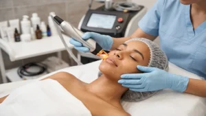 Doctor performing laser hair removal session at Enfield Royal Med Spa in Tomball on a patient in a professional clinic