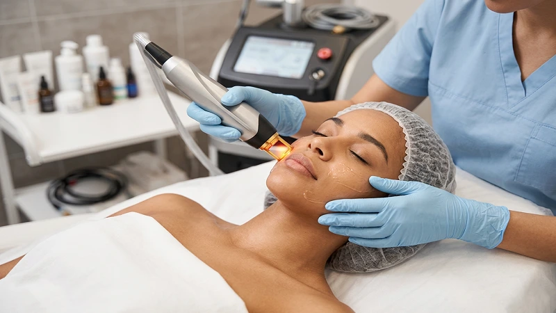 Doctor performing laser hair removal session at Enfield Royal Med Spa in Tomball on a patient in a professional clinic