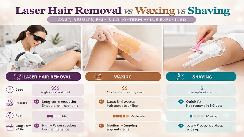 Laser hair removal vs waxing vs shaving comparison showing results, skin smoothness, and hair reduction methods