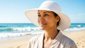 Woman with smooth forehead enjoying the sun at Viera beach, showing wrinkle-free skin after Dysport treatment at Enfield Royal Medspa.