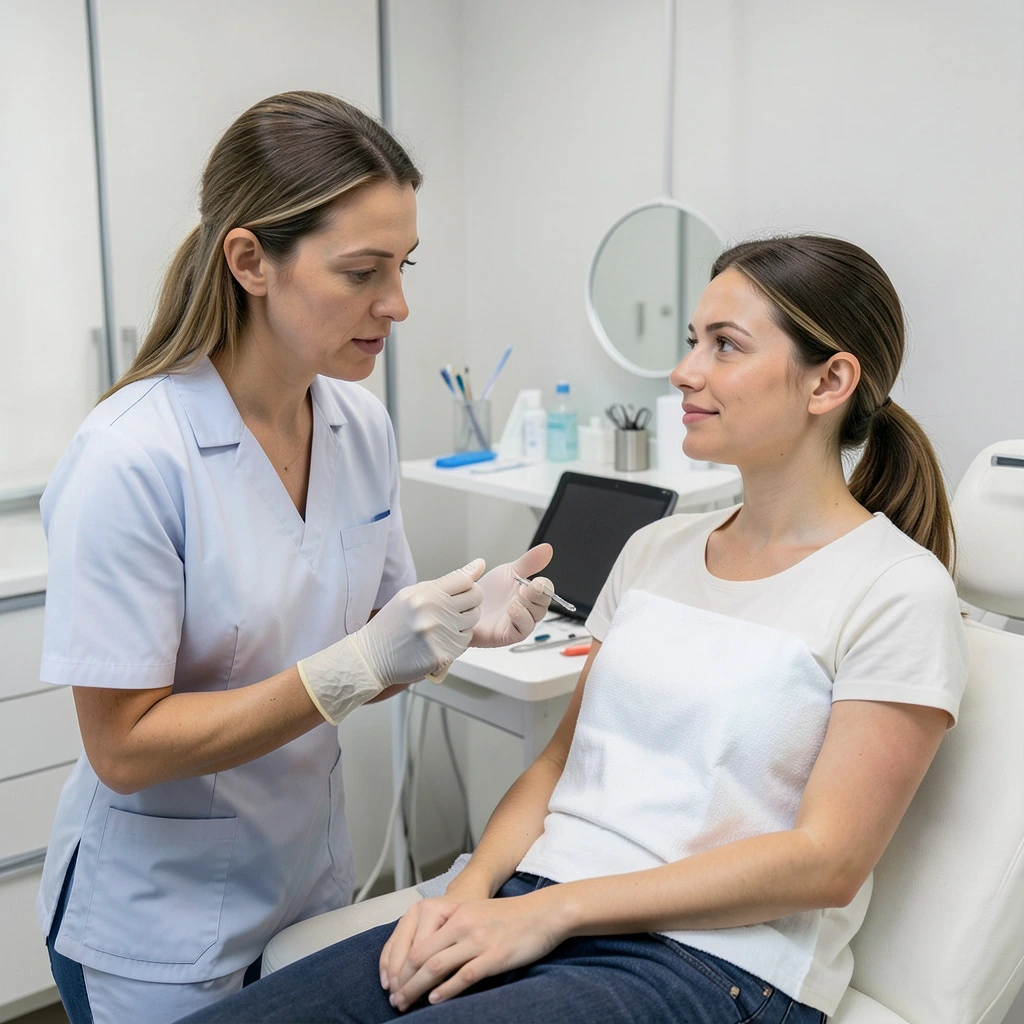 Clinician discussing lip augmentation procedure with a patient in a medspa consultation room.