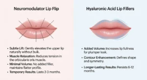 Comparison of neuromodulator lip flip and hyaluronic acid lip fillers showing subtle lip lift versus added volume and contour.