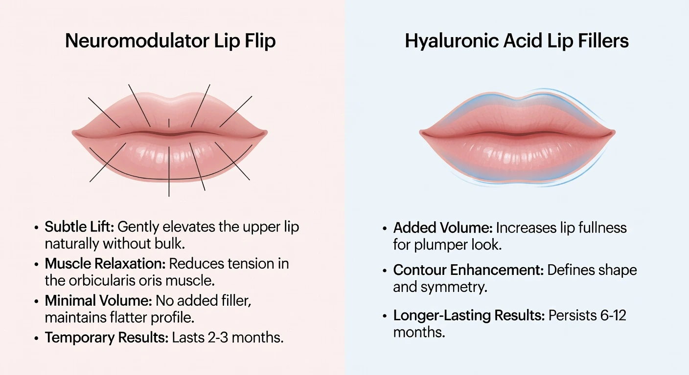 Comparison of neuromodulator lip flip and hyaluronic acid lip fillers showing subtle lip lift versus added volume and contour.