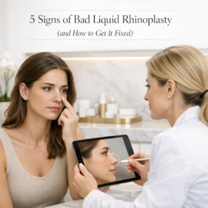 A clinician at Enfield Royal Medspa carefully performing a liquid rhinoplasty correction by injecting hyaluronidase to dissolve misplaced filler in a patient's nose.