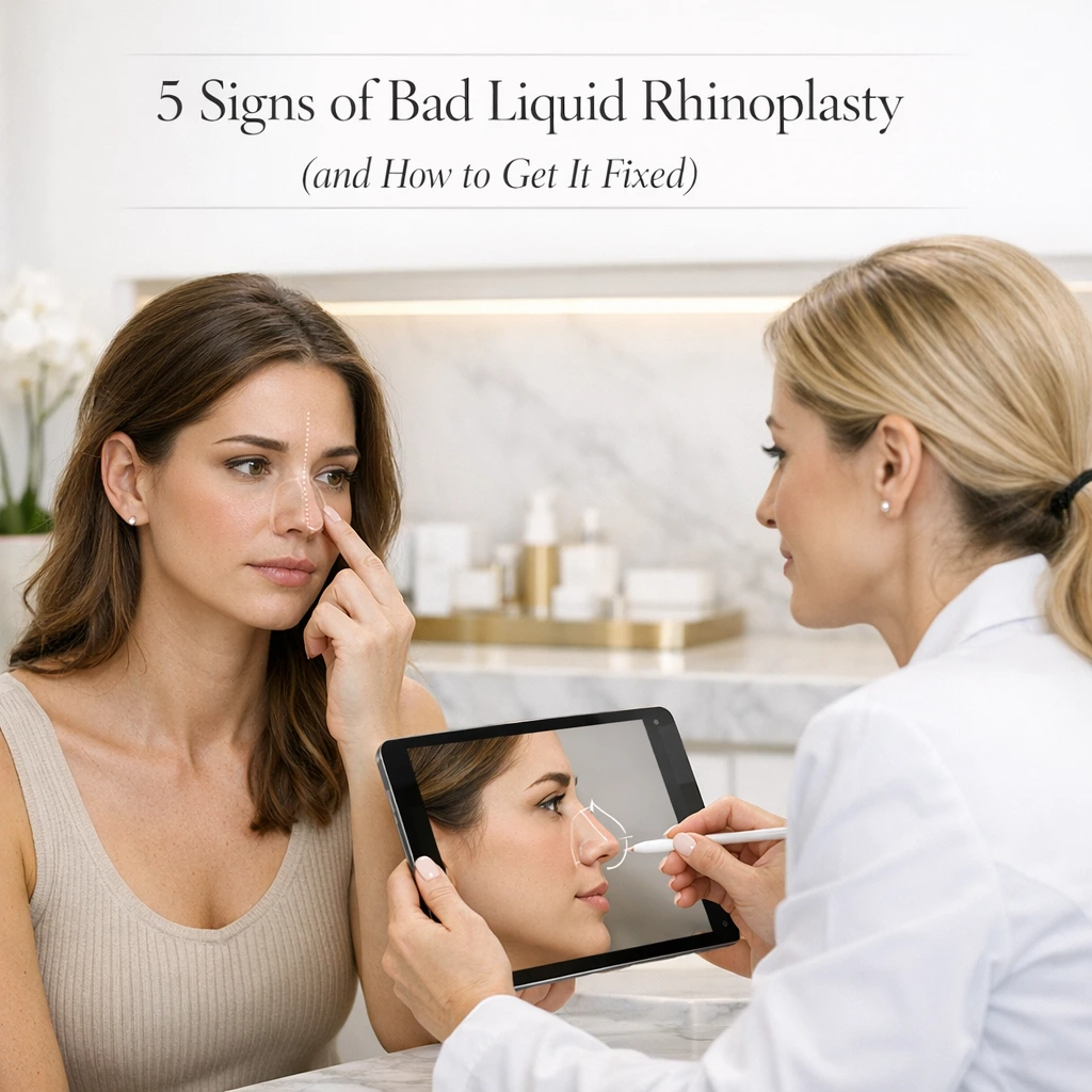 A clinician at Enfield Royal Medspa carefully performing a liquid rhinoplasty correction by injecting hyaluronidase to dissolve misplaced filler in a patient's nose.