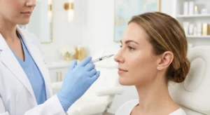 Doctor performing liquid rhinoplasty treatment with dermal fillers at Enfield Royal Medspa, highlighting safety techniques and precise nose contouring.