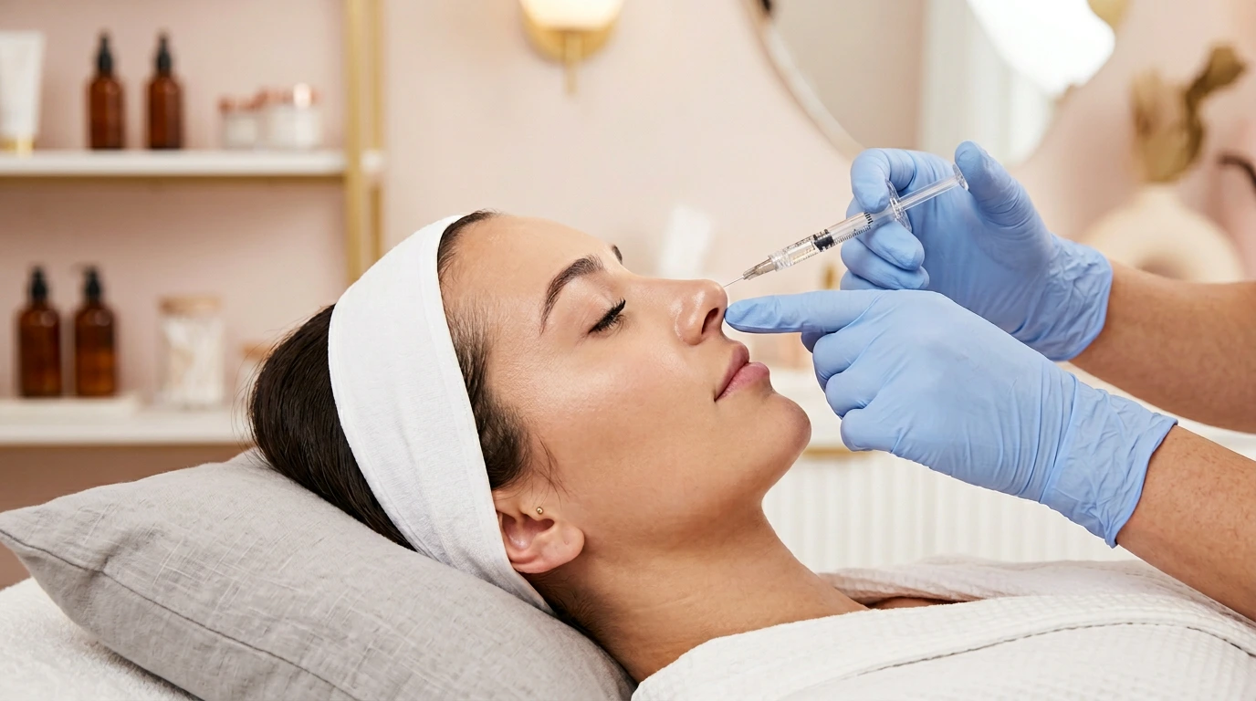A practitioner performing a liquid rhinoplasty procedure to correct a dorsal hump using dermal filler injections at Enfield Royal Medspa in Viera, FL.