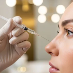 Aesthetic doctor performing liquid rhinoplasty with a precision syringe to refine the bridge of a woman’s nose at Enfield Royal Medspa in Viera, FL.
