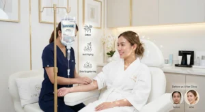 A client relaxes during IV glutathione therapy in a premium medspa setting, showcasing detox, anti-aging, and skin brightening benefits with a visible healthy glow.
