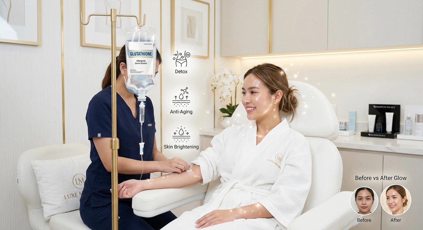 A client relaxes during IV glutathione therapy in a premium medspa setting, showcasing detox, anti-aging, and skin brightening benefits with a visible healthy glow.
