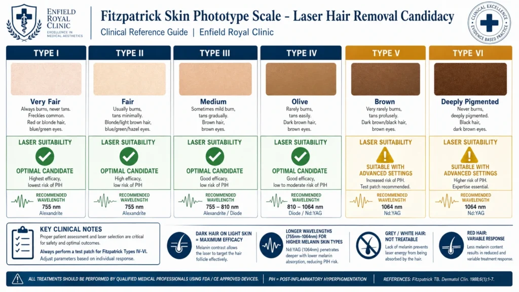 Fitzpatrick skin type scale I to VI laser hair removal candidacy guide