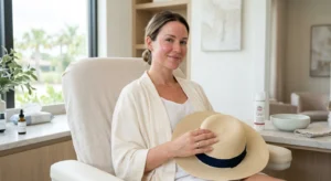 A woman protecting her skin after a PRP with Microneedling treatment at Enfield Royal Medspa, emphasizing the importance of post-procedure care.