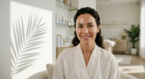 A smiling woman with glowing, hydrated skin wearing a white spa robe after PRP with microneedling treatment at Enfield Royal Medspa in Viera, Florida, with a luxury clinical backdrop featuring palm leaf shadows and skincare products for post-treatment humidity recovery.