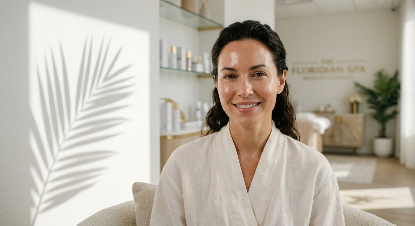 A smiling woman with glowing, hydrated skin wearing a white spa robe after PRP with microneedling treatment at Enfield Royal Medspa in Viera, Florida, with a luxury clinical backdrop featuring palm leaf shadows and skincare products for post-treatment humidity recovery.