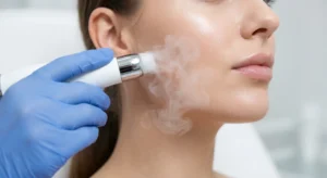 Close-up of a cryotherapy facial treatment where a gloved skincare professional uses a cryo device emitting cold vapor mist on a woman's cheek, demonstrating how cryotherapy improves skin elasticity and reduces inflammation.