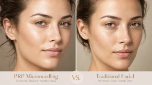 PRP Microneedling vs Traditional Facial results comparison for skin rejuvenation at Enfield Royal Medspa Viera FL, highlighting enhanced glow, smoother texture, and youthful skin improvement versus subtle refresh.