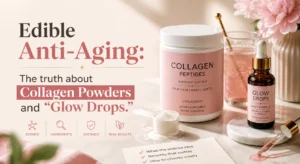 Edible anti-aging collagen powders and glow drops for healthier skin and beauty support